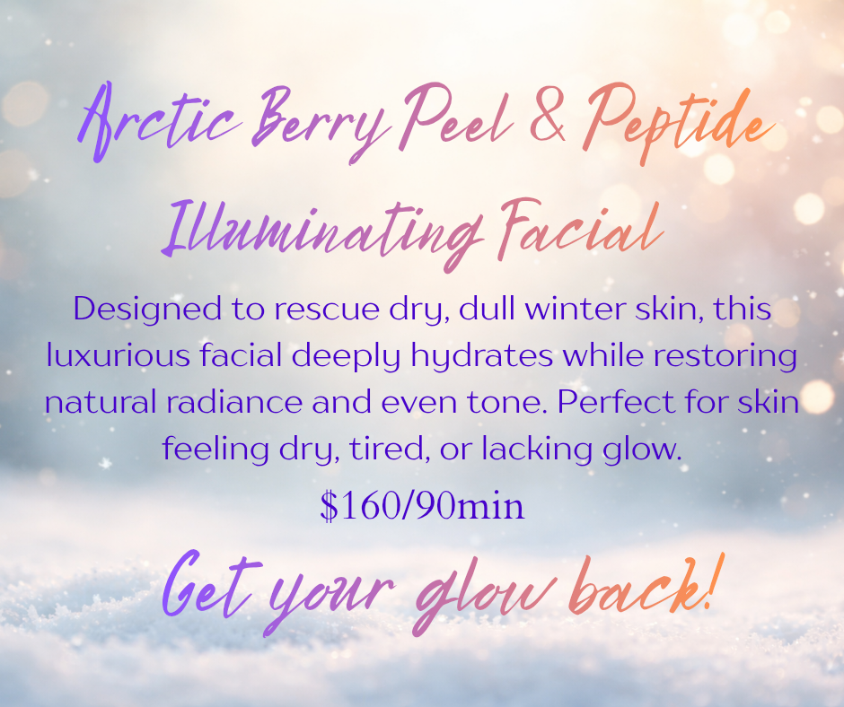 Arctic Berry Peel & Peptide Iluminating Facial Designed to rescue dry, dull winter skin, this luxurious facial deeply hydrates while restoring natural radiance and even tone. Perfect for skin feeling dry, tired, or lacking glow. $160/90min Get your flow back!